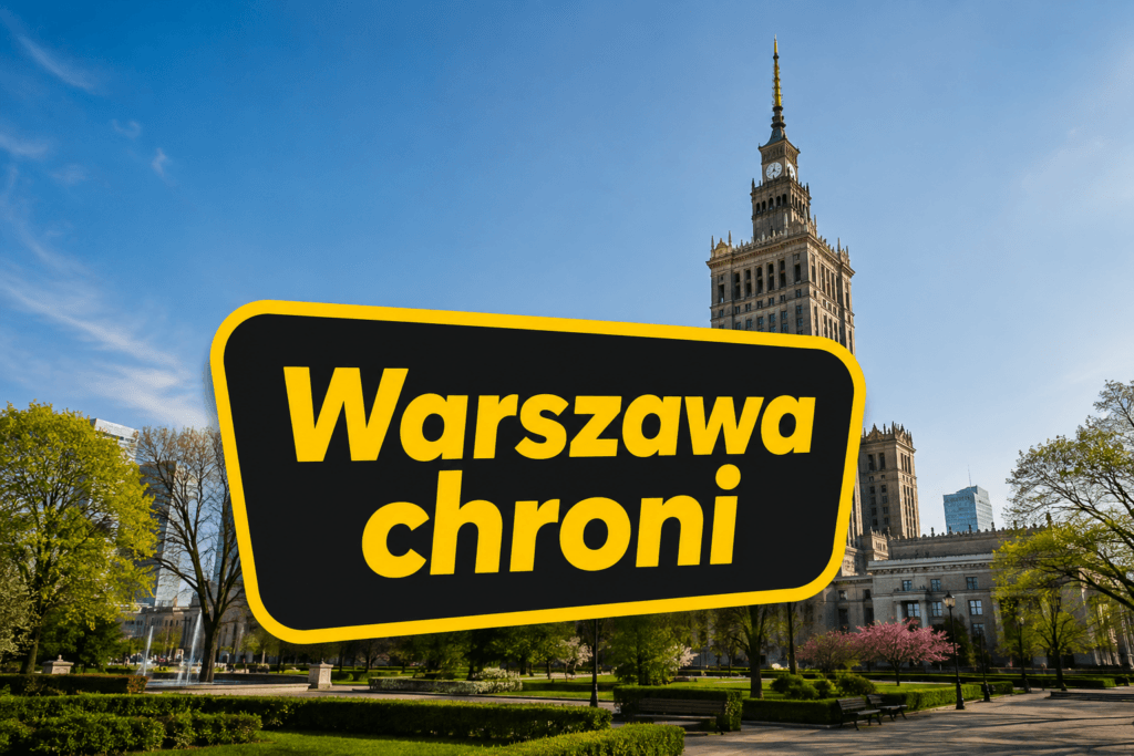 Grafika Warszawa chroni na tle Pałacu Kultury i Nauki i Parku Świętokrzyskiego