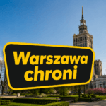 Grafika Warszawa chroni na tle Pałacu Kultury i Nauki i Parku Świętokrzyskiego