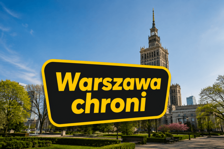 Grafika Warszawa chroni na tle Pałacu Kultury i Nauki i Parku Świętokrzyskiego