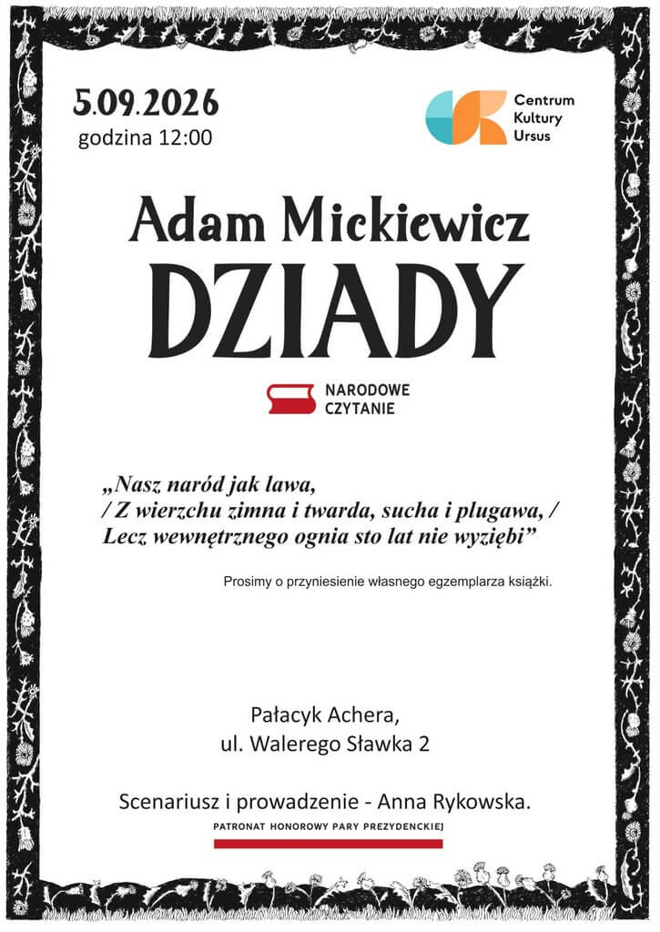 Plakat Narodowego Czytania 2026 w Ursusie – Dziady Adama Mickiewicza, 5 września w Pałacyku Achera