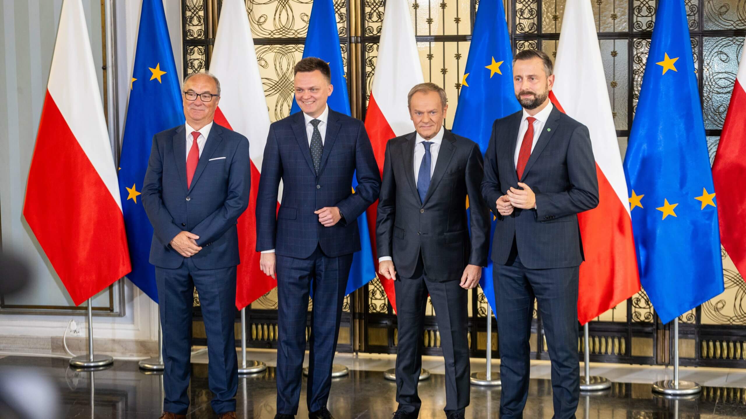 Włodzimierz Czarzasty, Szymon Hołownia, Władysław Kosiniak-Kamysz i Donald Tusk podczas wspólnego wystąpienia w Sejmie