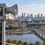 Syrena alarmowa na tle panoramy centrum Warszawy