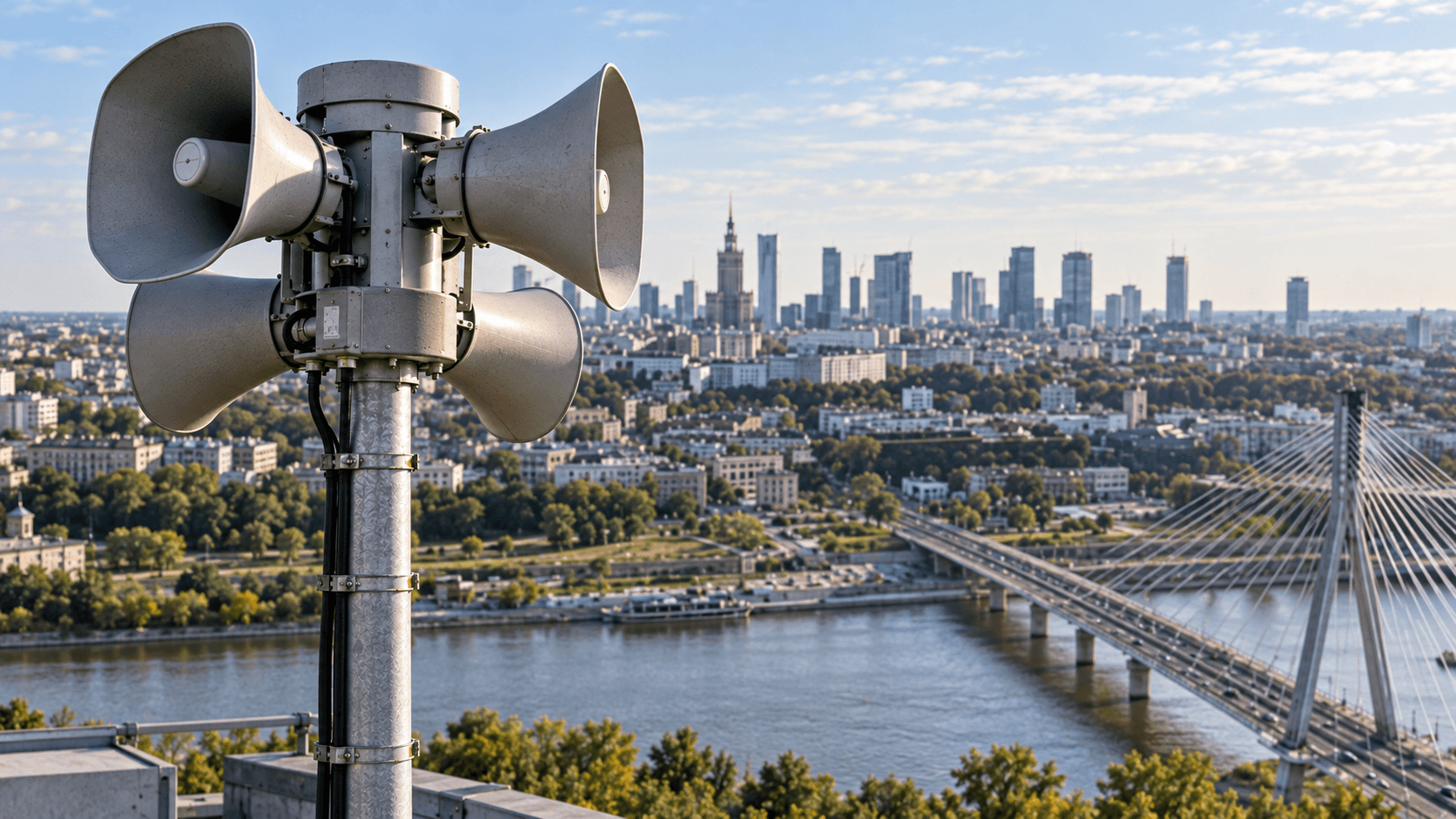 Syrena alarmowa na tle panoramy centrum Warszawy