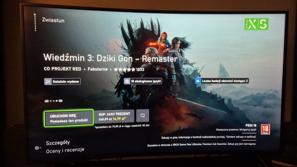 Wiedźmin 3 Remaster w Xbox Store w cenie 74,99 zł