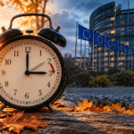 Zegar na tle flag Unii Europejskiej i jesiennych liści symbolizujący zmianę czasu