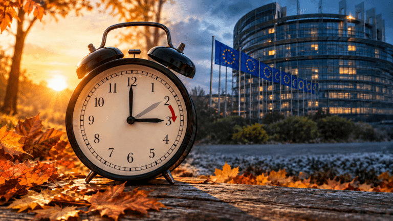 Zegar na tle flag Unii Europejskiej i jesiennych liści symbolizujący zmianę czasu