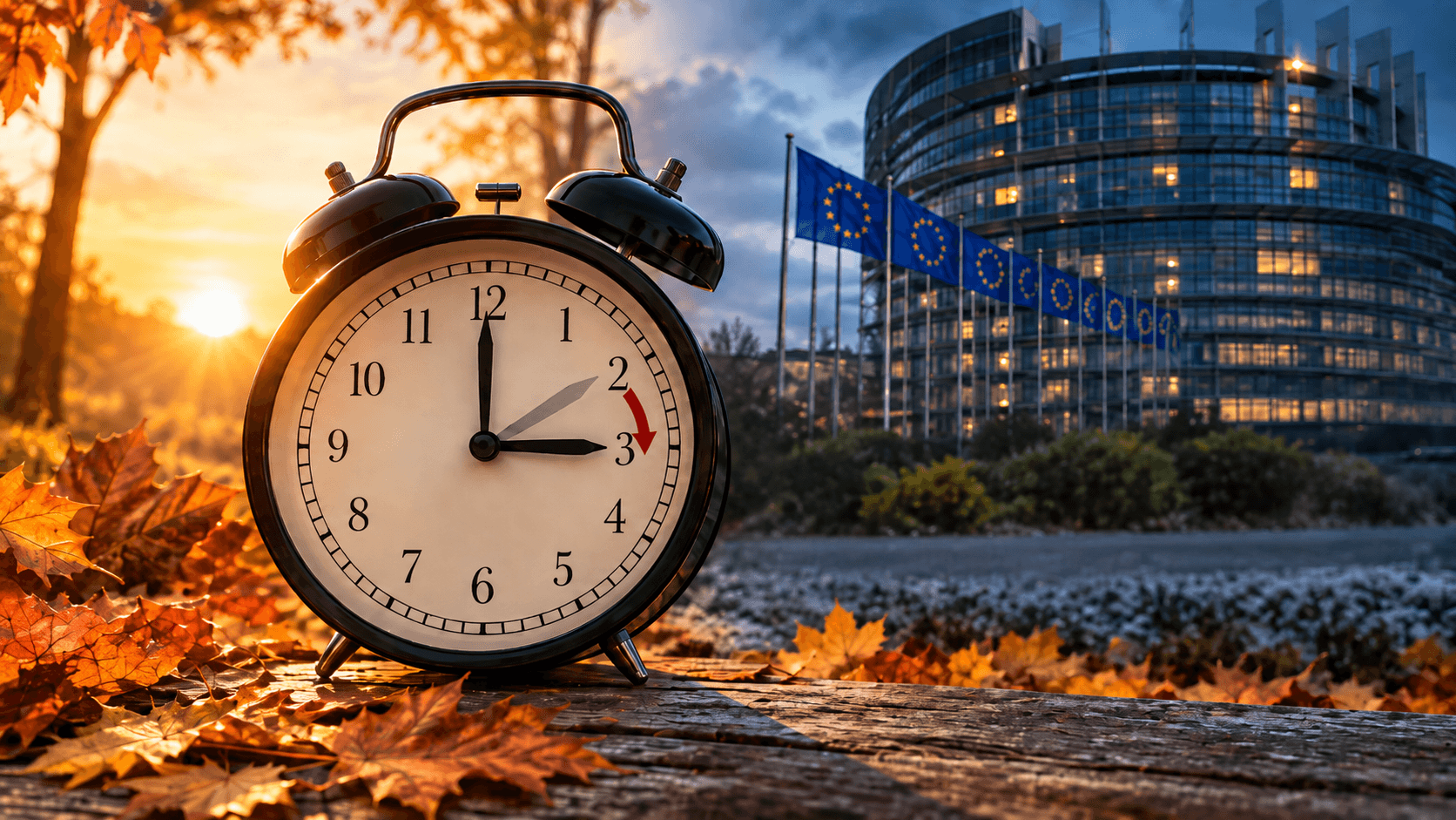 Zegar na tle flag Unii Europejskiej i jesiennych liści symbolizujący zmianę czasu