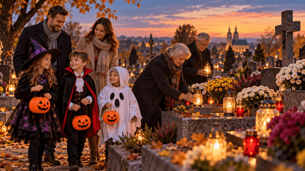 Dzieci w halloweenowych kostiumach i rodzina odwiedzająca cmentarz – Halloween i Wszystkich Świętych