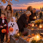 Dzieci w halloweenowych kostiumach i rodzina odwiedzająca cmentarz – Halloween i Wszystkich Świętych
