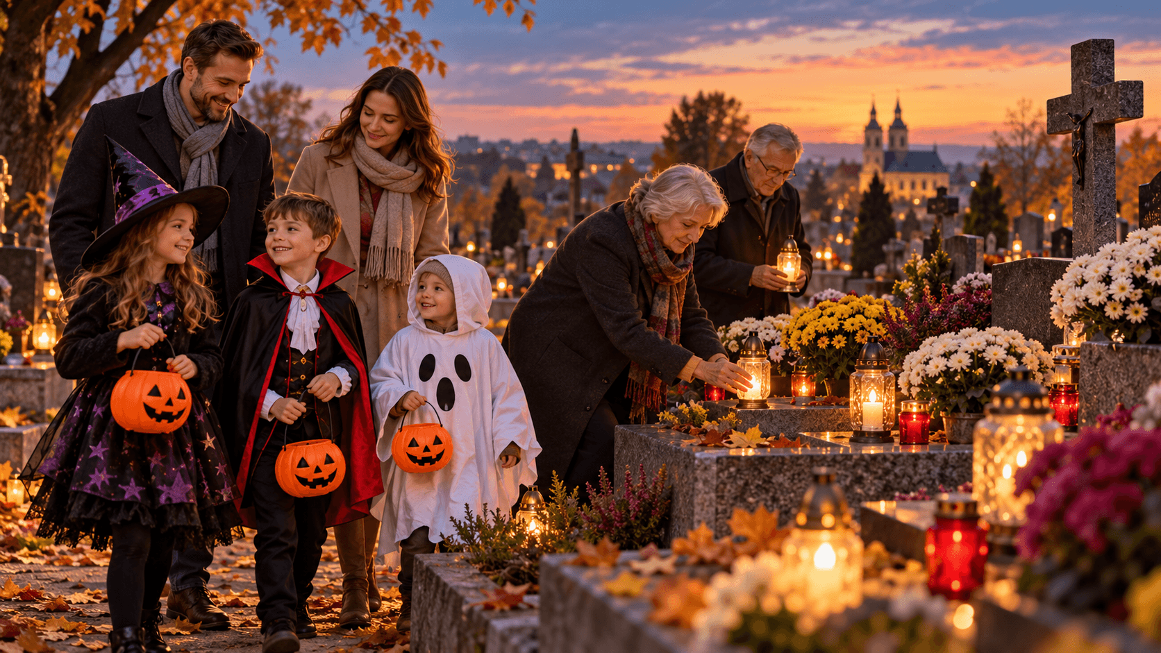 Dzieci w halloweenowych kostiumach i rodzina odwiedzająca cmentarz – Halloween i Wszystkich Świętych